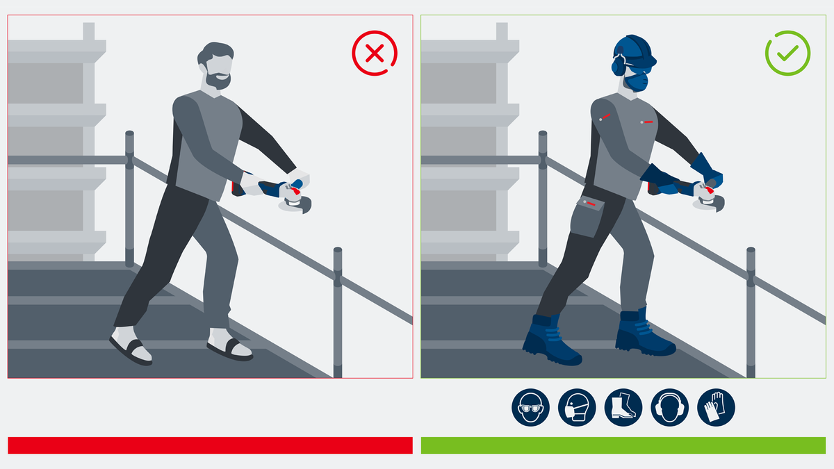 Object #200382364: FAQ_Illustrations_DiamondCuttingDisc_Illu_1 Seseorang menggunakan penggiling pada perancah, mengenakan peralatan keselamatan di sisi kanan.