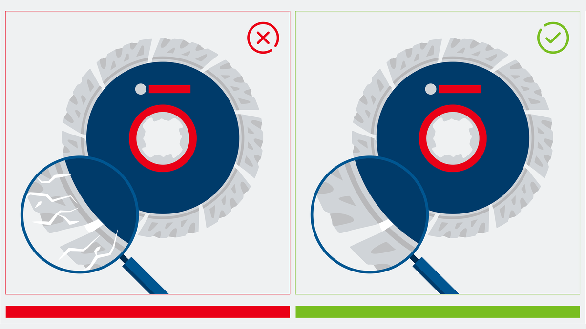 Object #200382365: FAQ_Illustrations_DiamondCuttingDisc_Illu_1.2 Kaca pembesar memeriksa cakram pemotong untuk membandingkan ujung bilah yang aus dan yang utuh.