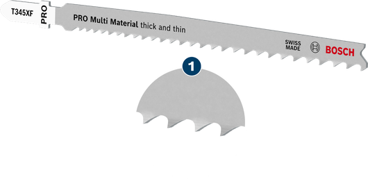 Mata gergaji ukir Bosch T345XF PRO Multi Material untuk potongan tebal dan tipis.