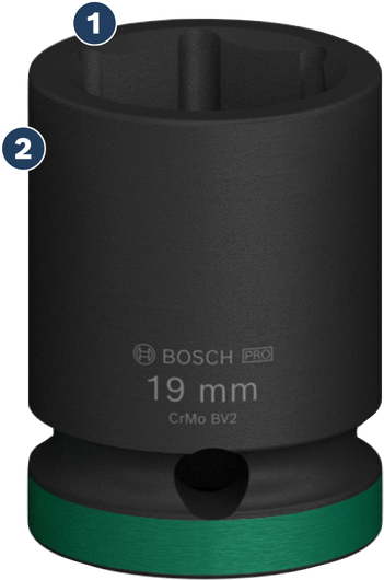 Soket impact Bosch PRO 19 mm dengan cincin hijau.