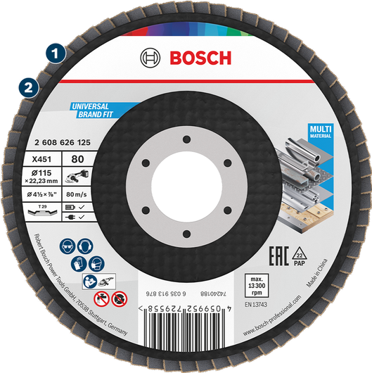 Cakram gerinda flap universal Bosch X451 untuk penggerindaan berbagai material.