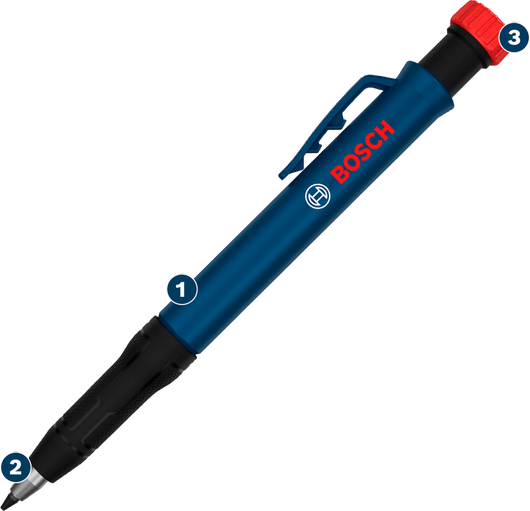 Pensil mekanik Bosch Deep Hole dengan isi pensil HB 2,8 mm.