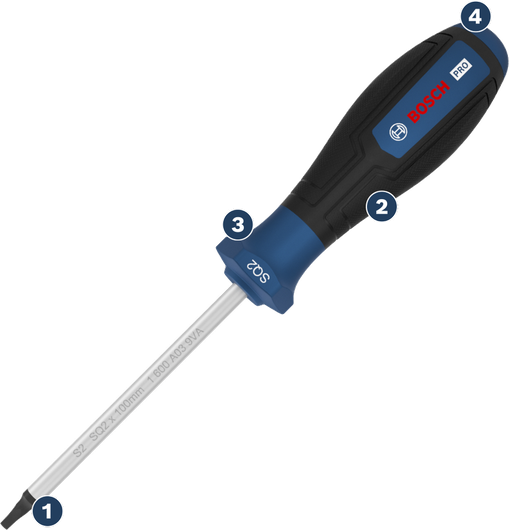 Obeng pipih Bosch Pro dengan pegangan ergonomis.