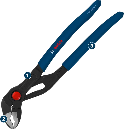 Tang pompa air Bosch dengan sambungan geser dan pegangan ergonomis.
