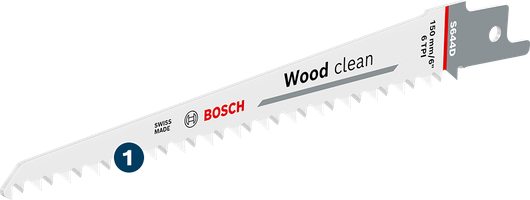 Mata pisau gergaji bolak-balik Bosch S644D Wood Clean untuk pemotongan kayu yang cepat.