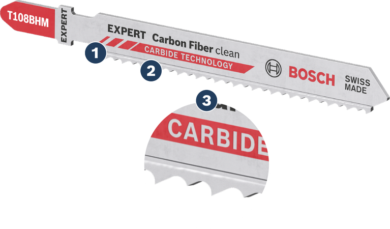Pemotongan tajam serat karbon dengan masa pakai lama Mata gergaji Bosch EXPERT Carbon Fibre Clean dengan gigi karbida.