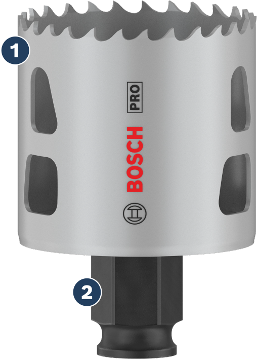 Masa Pakai Lama dalam pemotongan lubang pada berbagai material Gergaji lubang bimetal Bosch Pro dengan tangkai heksagonal.