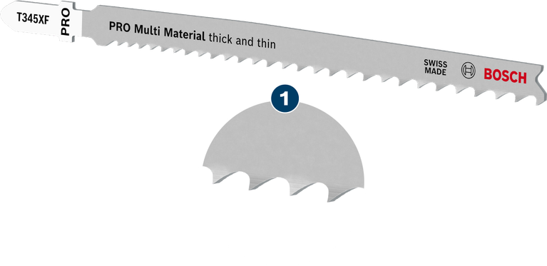 Mata gergaji ukir Bosch T345XF PRO Multi Material untuk potongan tebal dan tipis.