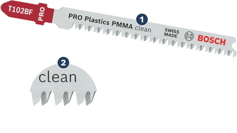 Mata gergaji ukir Bosch T102BF untuk pemotongan plastik yang bersih.