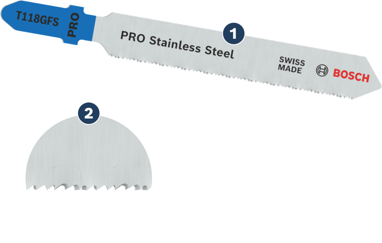 Mata gergaji ukir Bosch PRO Stainless Steel T118GFS untuk pemotongan logam yang presisi.