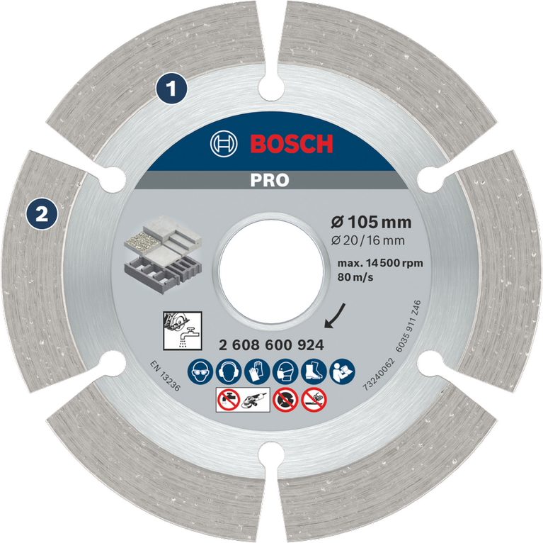 Masa Pakai Lama dalam Pemotongan Beton Cakram Berlian Beton Bosch PRO 105mm untuk pemotongan.
