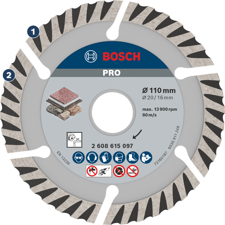 Batu pemotong kecepatan Cakram Berlian Bosch PRO Stone 110 mm untuk pemotongan batu.