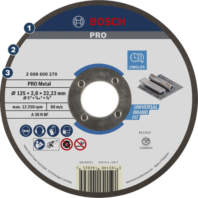 Masa Pakai Lama pada Pemotongan Logam Cakram pemotong logam Bosch PRO dengan masa pakai panjang untuk kesesuaian universal.