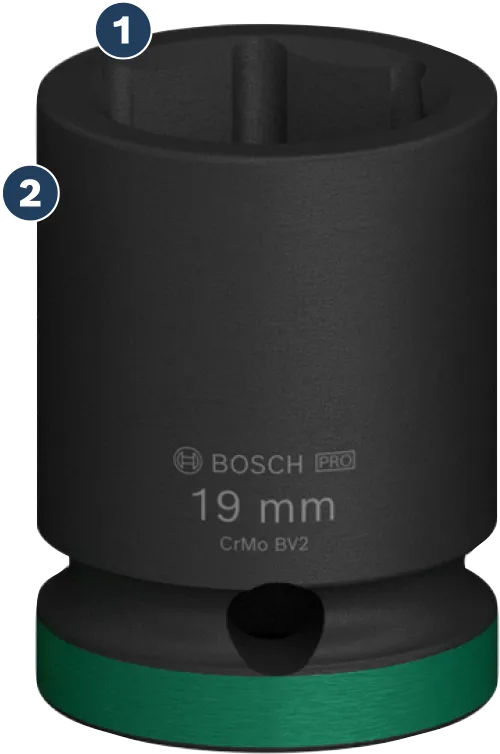 Soket benturan Bosch 19 mm dengan tanda hijau.