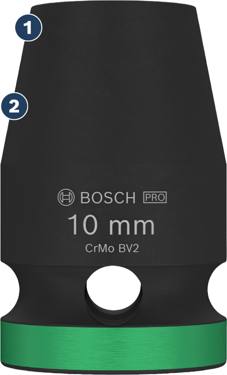 Soket benturan Bosch 10 mm dengan tanda hijau.
