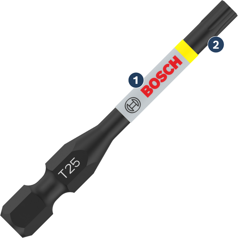 Mata obeng Bosch T25 dengan kode warna untuk memudahkan identifikasi.