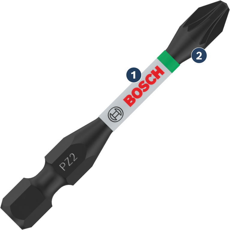 Mata obeng Bosch PZ2 dengan cincin berkode warna.