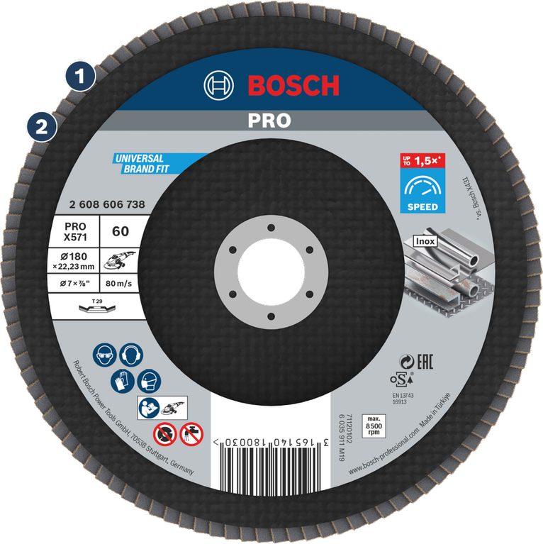 Cakram penutup Bosch PRO X571, 60 grit untuk penggilingan logam.