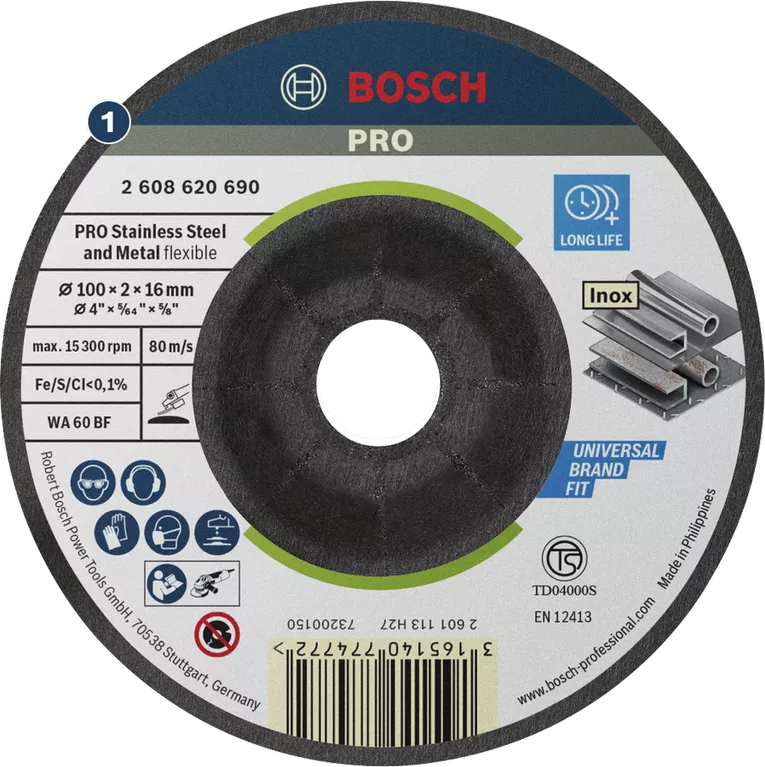 Masa Pakai Lama dalam Penggerindaan Baja Tahan Karat dan Logam Cakram Penggiling Semi-Fleksibel Bosch PRO, 100 x 2 x 16 mm.