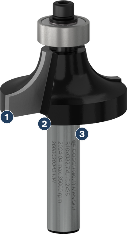 Mata router roundover Bosch dengan pemandu bantalan bola.