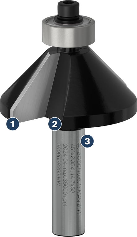 Mata router chamfer Bosch untuk pemotongan tepi bersudut.