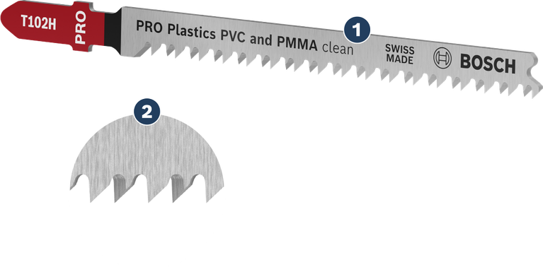 Mata gergaji Bosch T102H untuk pemotongan PVC dan PMMA yang bersih.