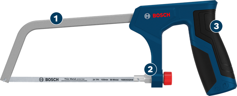 Gergaji besi bi-metal Bosch 150 mm untuk pemotongan logam tipis yang presisi.