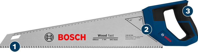 Gergaji tangan Bosch Wood Fast untuk pemotongan kayu yang cepat.