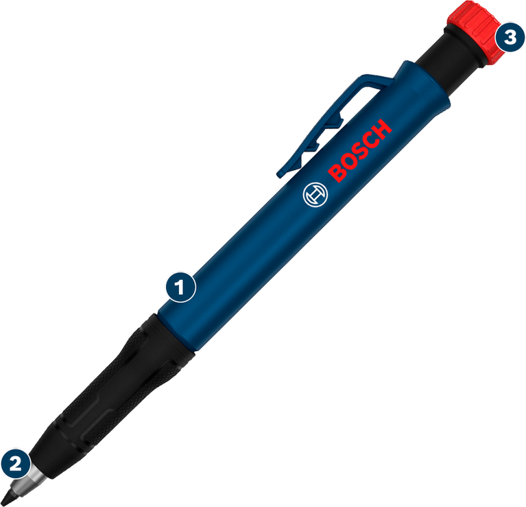 Pensil mekanik Bosch Deep Hole dengan isi pensil HB 2,8 mm.