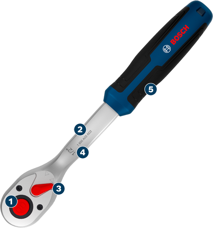 Kunci ratchet Bosch dengan pegangan ergonomis.