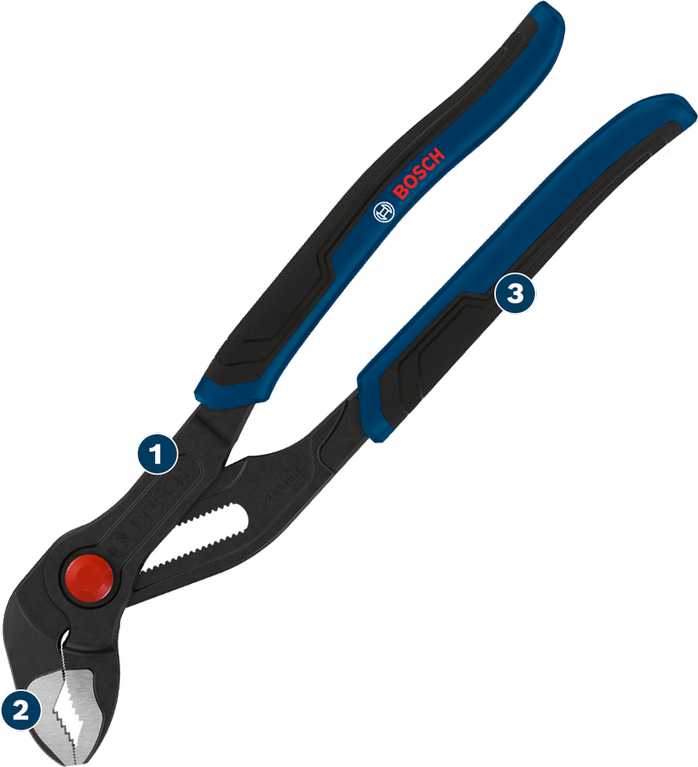 Tang pompa air Bosch dengan pegangan ergonomis.