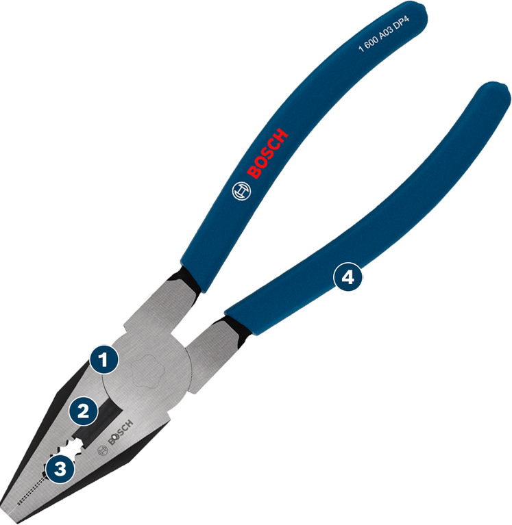 Tang kombinasi Bosch dengan gagang anti selip berlapis, 180 mm.