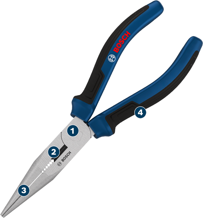 Tang hidung panjang Bosch 180 mm dengan gagang multi-komponen.
