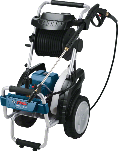 Mesin cuci bertekanan tinggi Bosch GHP 8-15 XD dengan gulungan selang.