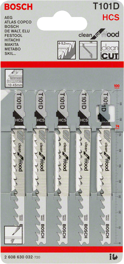 Set mata gergaji Bosch T 101 D untuk pemotongan kayu yang bersih.