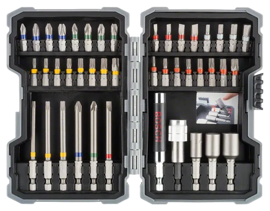 Set mata obeng benturan Bosch berisi 43 buah dengan mata obeng berkode warna.