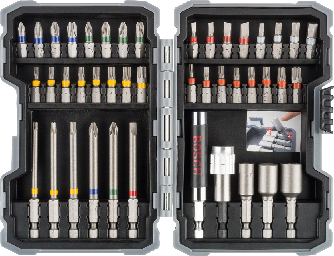 Set mata obeng benturan Bosch berisi 43 buah dengan mata obeng berkode warna.