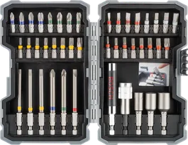 Set mata obeng benturan Bosch berisi 43 buah dengan mata obeng berkode warna.