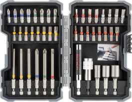 Set mata obeng benturan Bosch berisi 43 buah dengan mata obeng berkode warna.