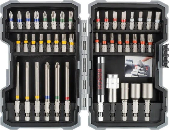 Set mata obeng benturan Bosch berisi 43 buah dengan mata obeng berkode warna.