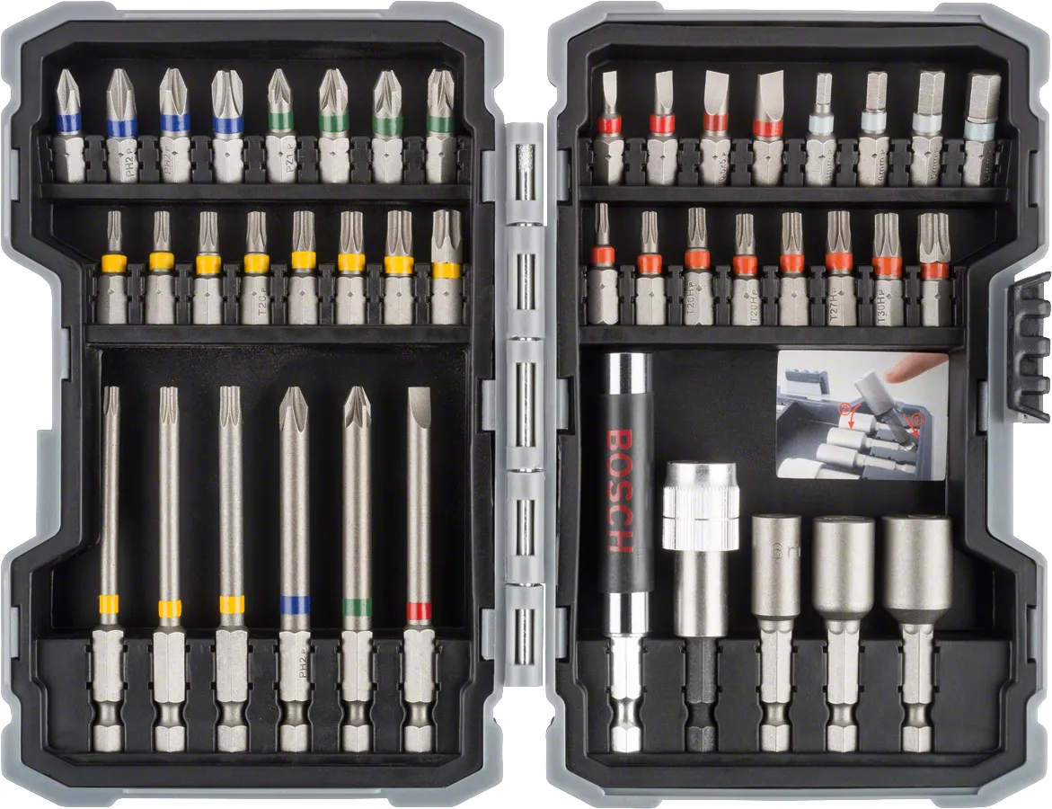 Set mata obeng benturan Bosch berisi 43 buah dengan mata obeng berkode warna.