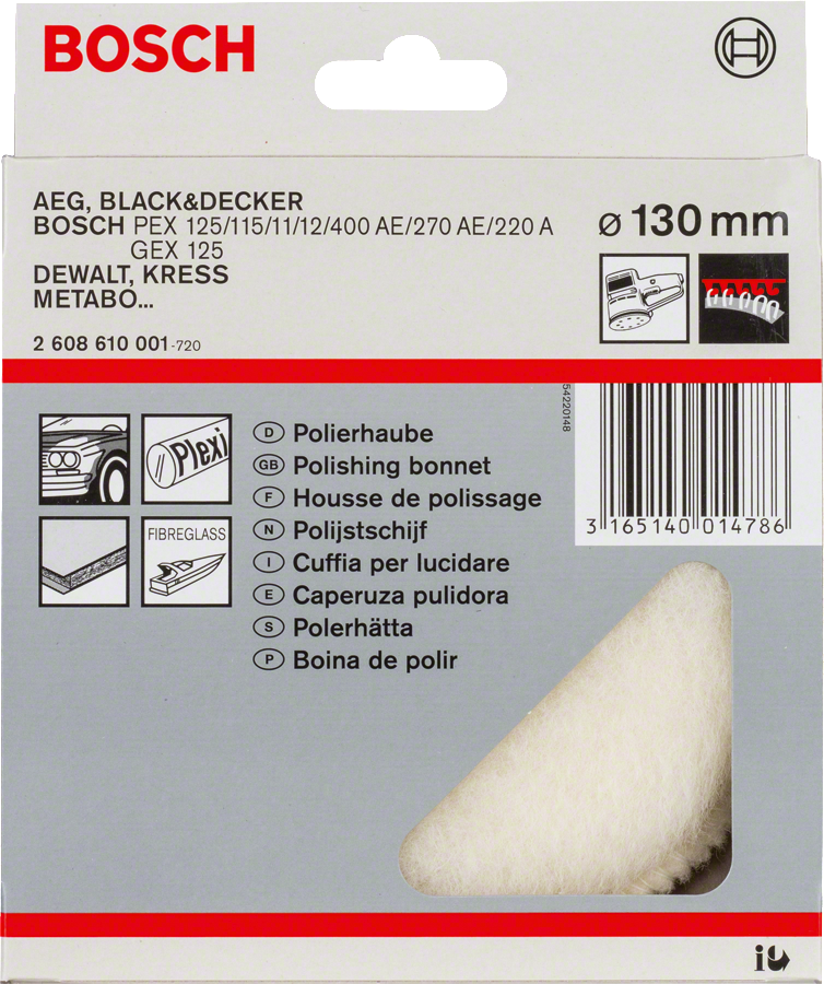 Kain amplas wol domba Bosch 130mm untuk pemolesan.