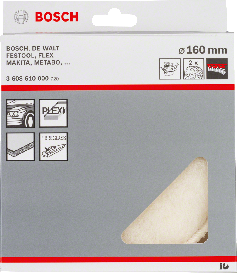 Bantalan wol domba Bosch 160 mm untuk memoles permukaan.