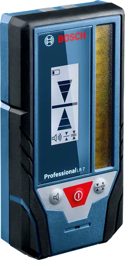 Penerima laser Bosch LR 7 dengan tampilan dan tombol kontrol.