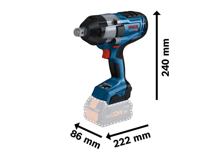 Kunci pas benturan nirkabel Bosch GDS 18V-1050 H, maks 1050 Nm.