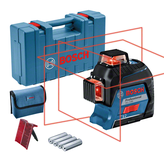 Alat perataan laser Bosch GLL 3-80 beserta wadah pembawanya.
