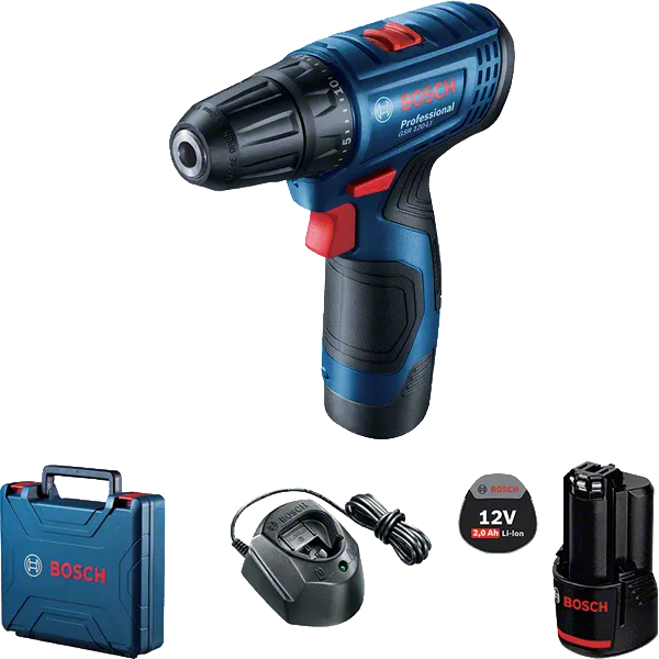 Set bor nirkabel Bosch GSR 120-LI dengan baterai dan casing.