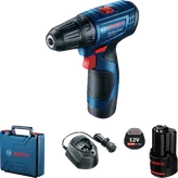 Set bor nirkabel Bosch GSR 120-LI dengan baterai dan casing.