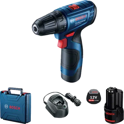 GSR 120-LI Set bor nirkabel Bosch GSR 120-LI dengan baterai dan casing.