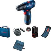Set bor nirkabel Bosch GSR 120-LI dengan aksesori.